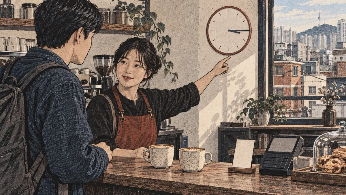 A learner orders two coffees at a Seoul café beside a clock showing 3:15.