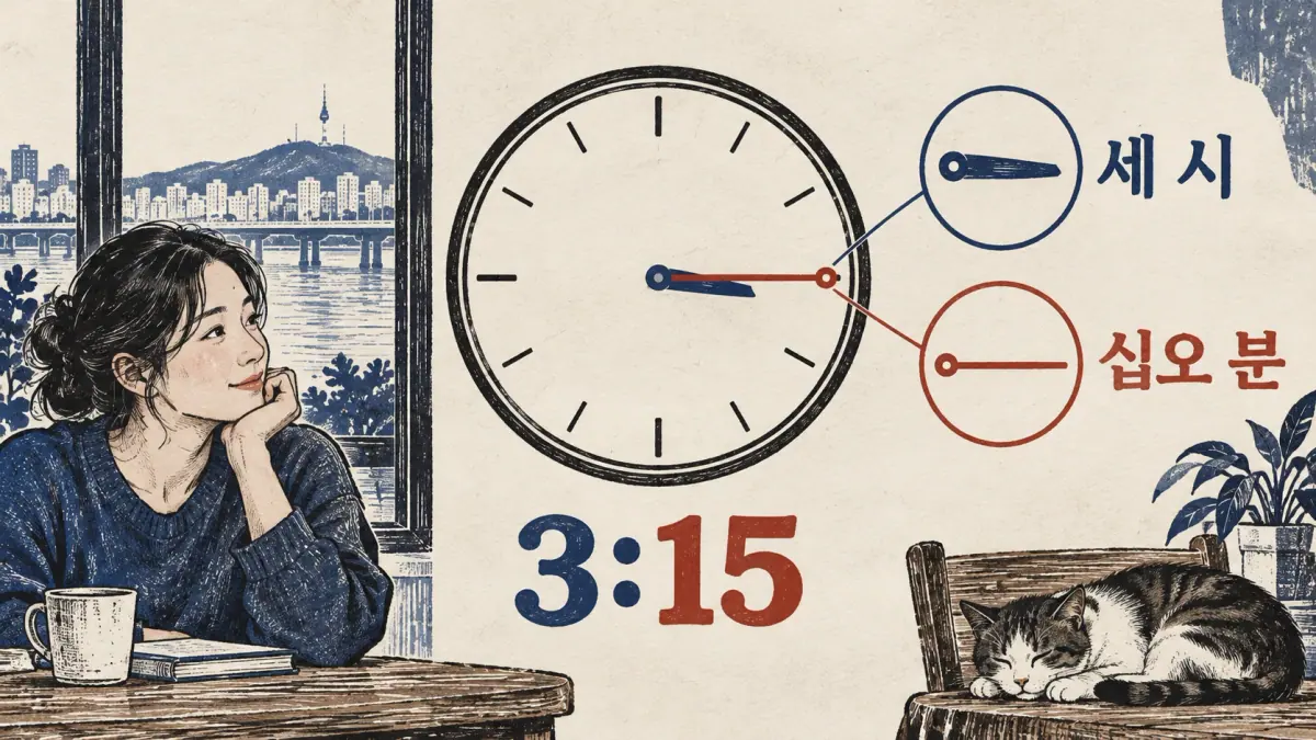 Clock at 3:15 links 세 시 to the hour and 십오 분 to the minutes.