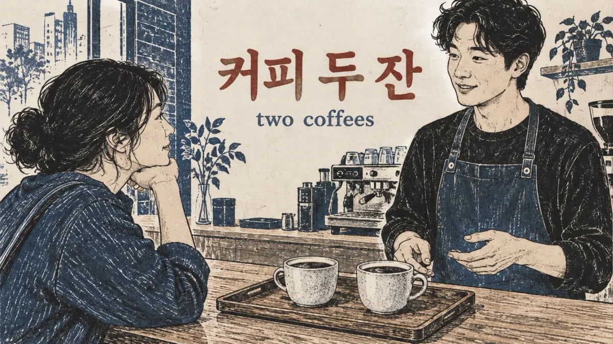 A barista serves two cups labelled 커피 두 잔, two coffees.