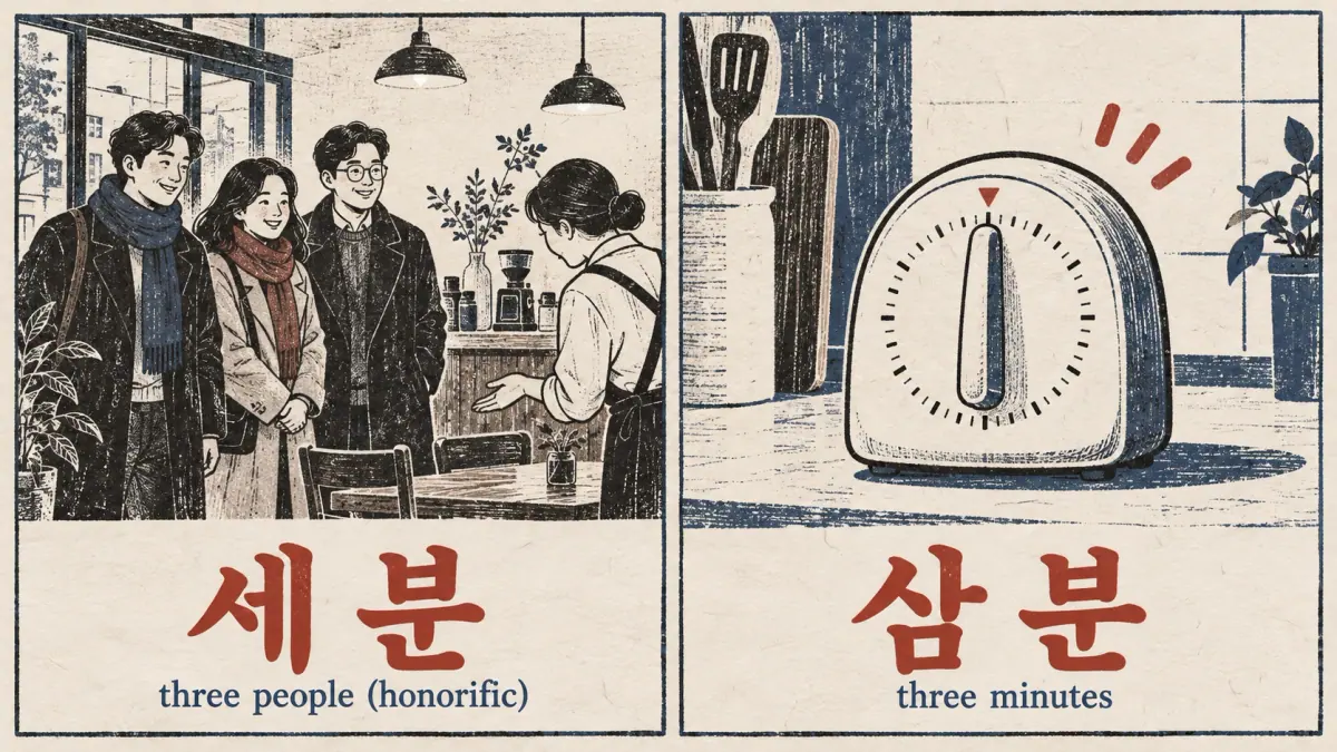 세 분 labels three guests; 삼 분 labels three minutes on a timer.