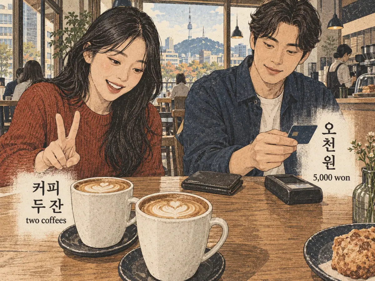 Labelled teaching scene: 커피 두 잔; 오천 원.