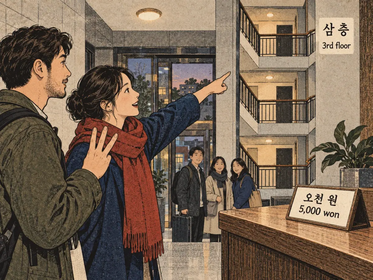 Labelled teaching scene: 삼 층; 오천 원.