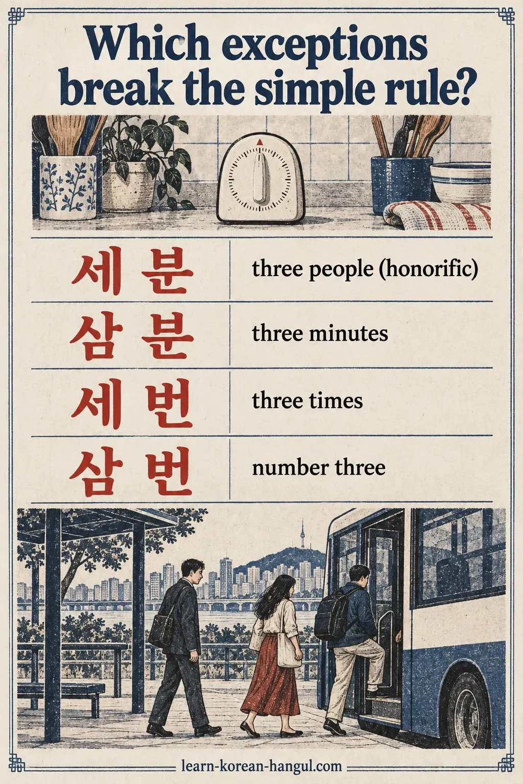 세 분 and 삼 분 compare people and minutes; 세 번 and 삼 번 compare repetitions and number labels.