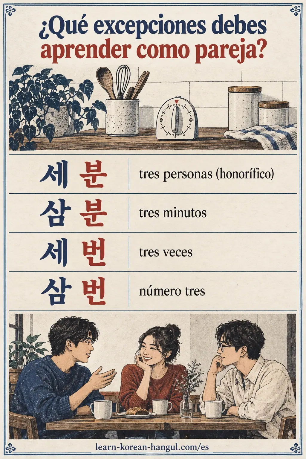 세 분 y 삼 분 comparan personas y minutos; 세 번 y 삼 번 comparan repeticiones y etiquetas numéricas.