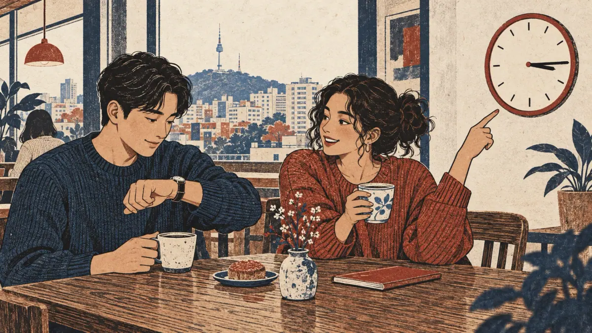 Friends coordinate a meeting in a Seoul café and check an analog clock.
