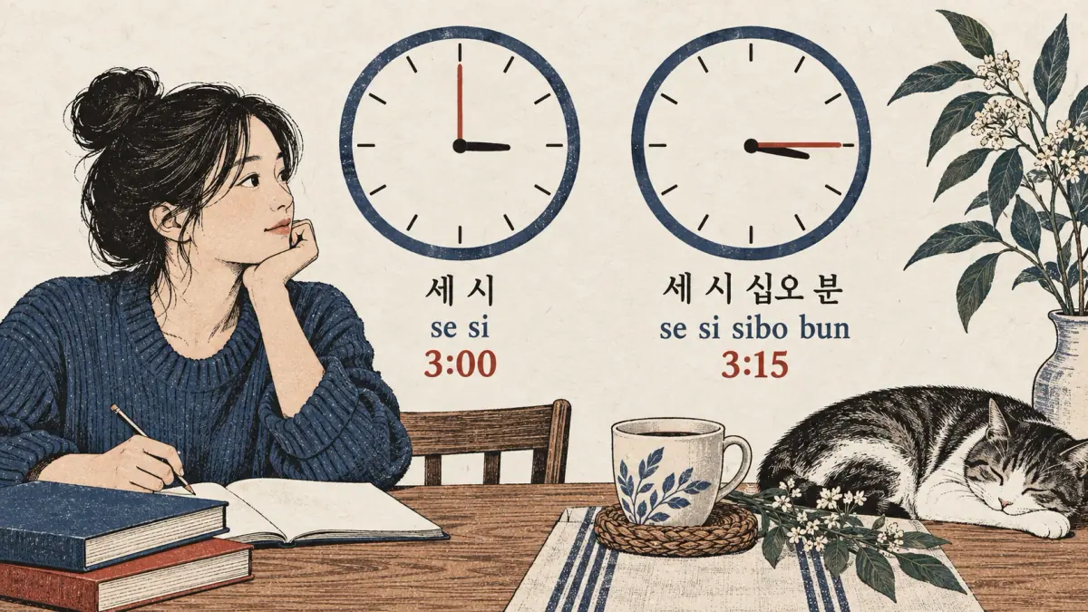 Clocks compare 세 시 (se si), 3:00, and 세 시 십오 분 (se si sibo bun), 3:15.