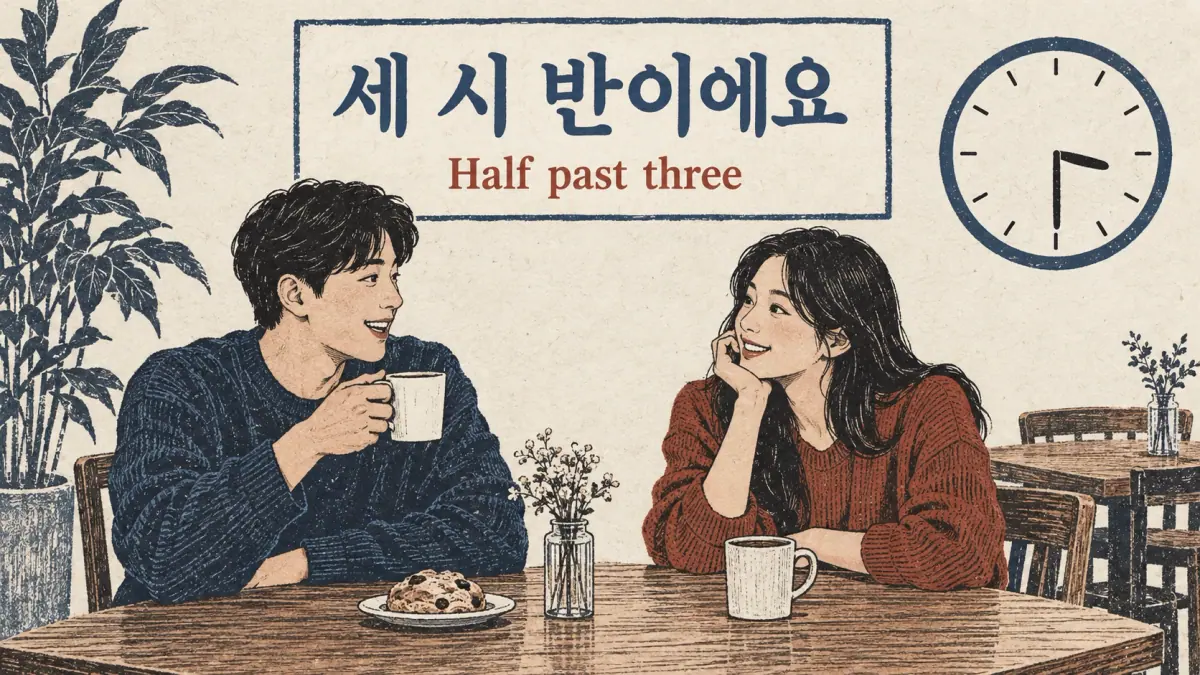 Café friends meet at 3:30 beside 세 시 반이에요, meaning Half past three.