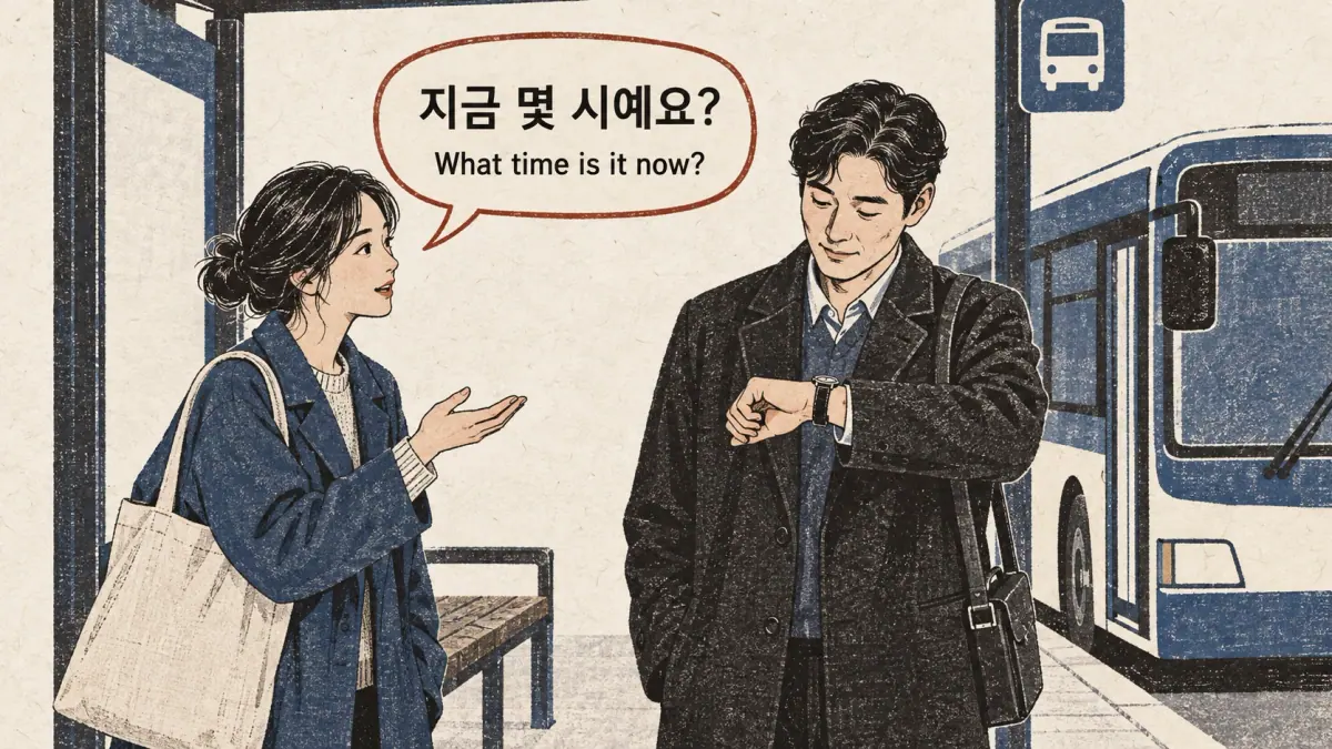 A learner asks 지금 몇 시예요? (What time is it now?) at a Seoul bus stop.