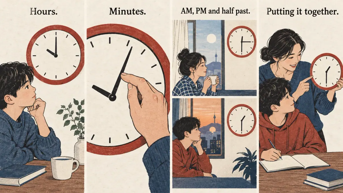 Four illustrated stages show hours, minutes, AM/PM and combining a complete clock time.