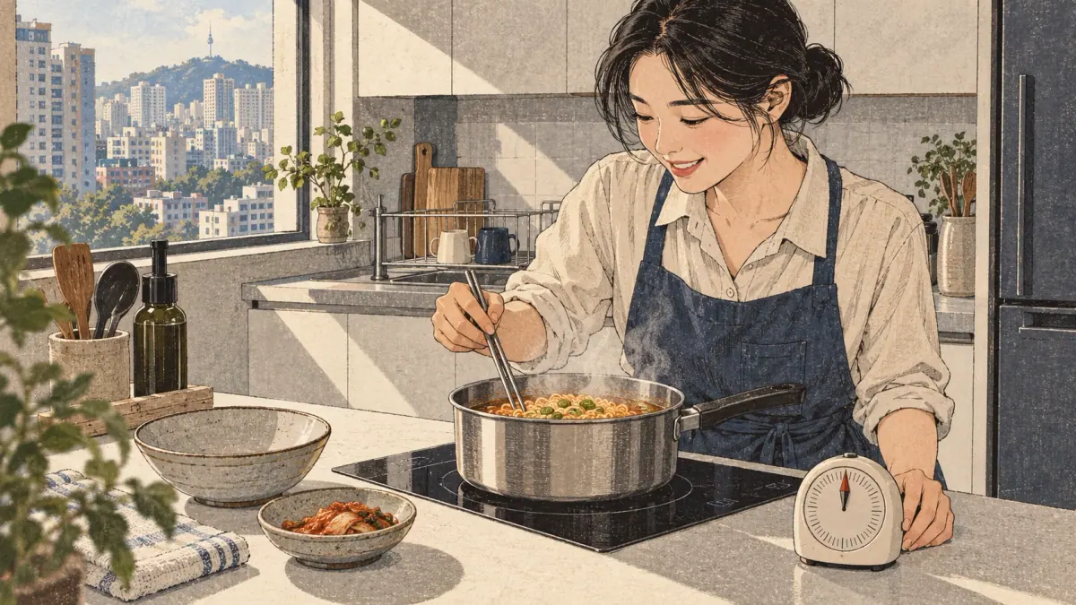 A cook checks a kitchen timer while ramyeon simmers in a Seoul apartment.