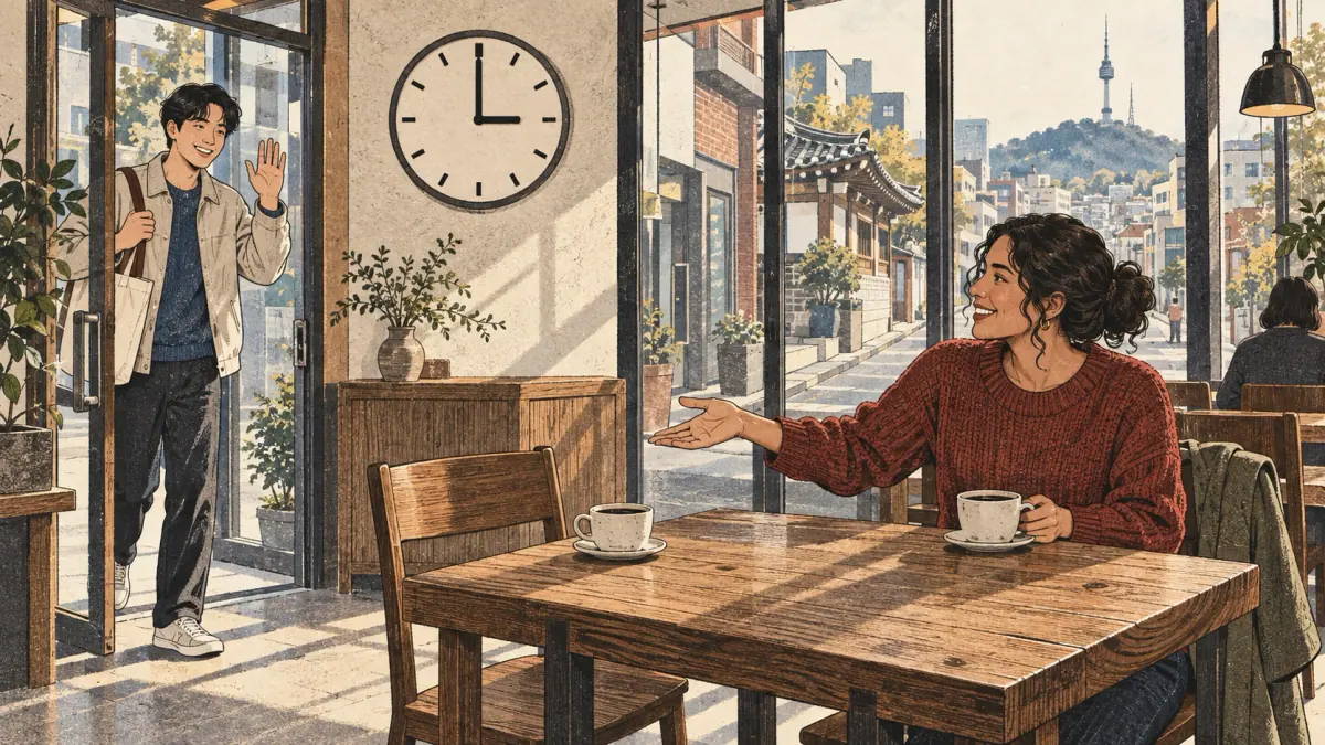 Two friends meet in a Seoul café beneath a clock showing three o’clock.