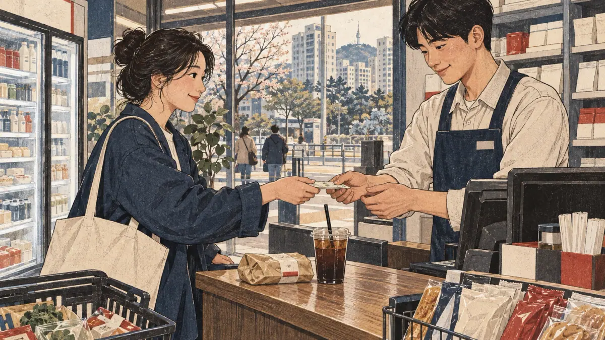 A learner buys a drink and sandwich at a Korean convenience store checkout.