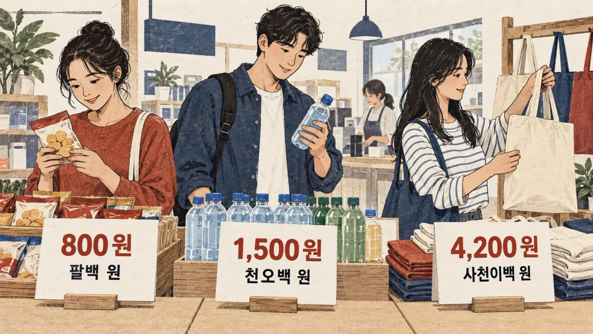 Shop tags: 800원 팔백 원; 1,500원 천오백 원; 4,200원 사천이백 원.