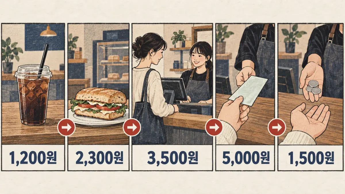 Five checkout panels show 1,200원, 2,300원, 3,500원, 5,000원 and 1,500원.