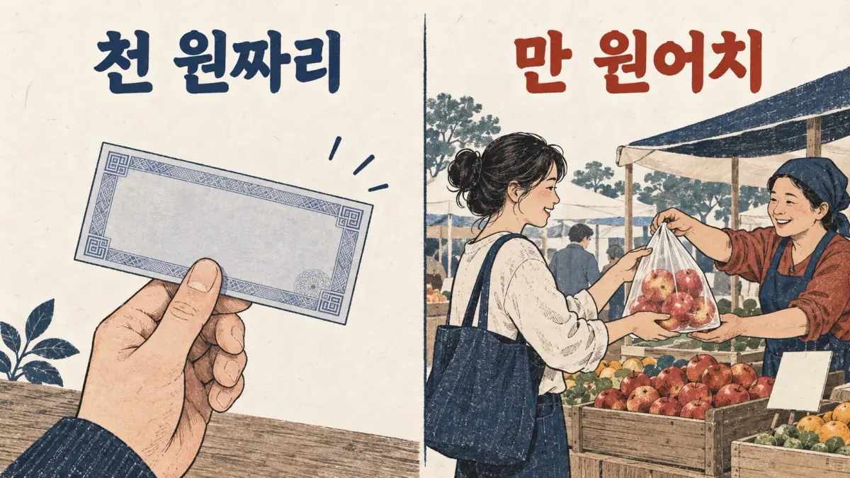 A note labelled 천 원짜리 contrasts with fruit bought as 만 원어치.