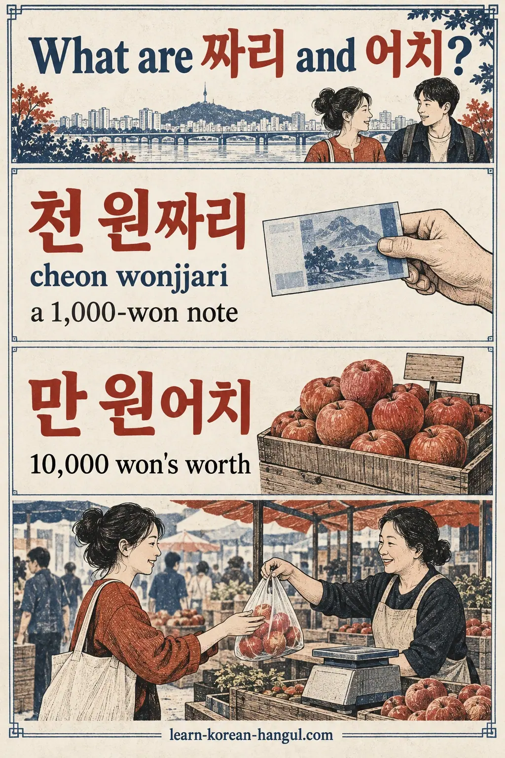 천 원짜리 (cheon wonjjari), a note's value, compared with 만 원어치, merchandise worth.