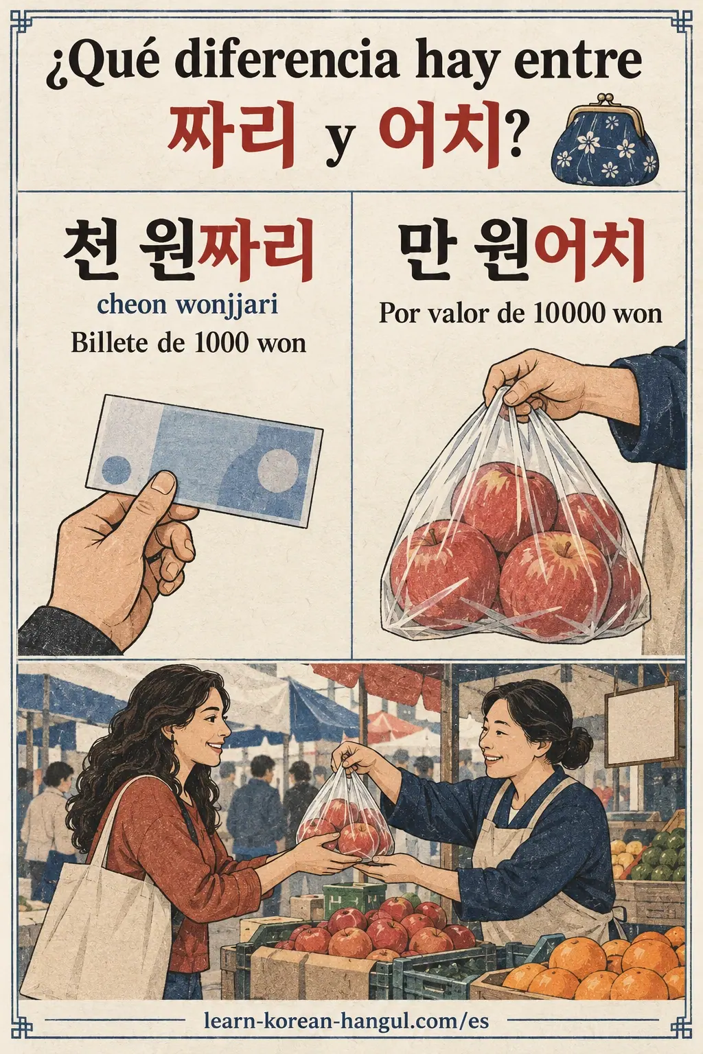 Comparación de 천 원짜리 (cheon wonjjari), un billete, y 만 원어치, fruta por un valor.