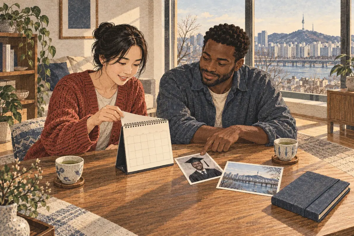 Two adult learners discuss plans with a calendar and photographs in a Seoul apartment.