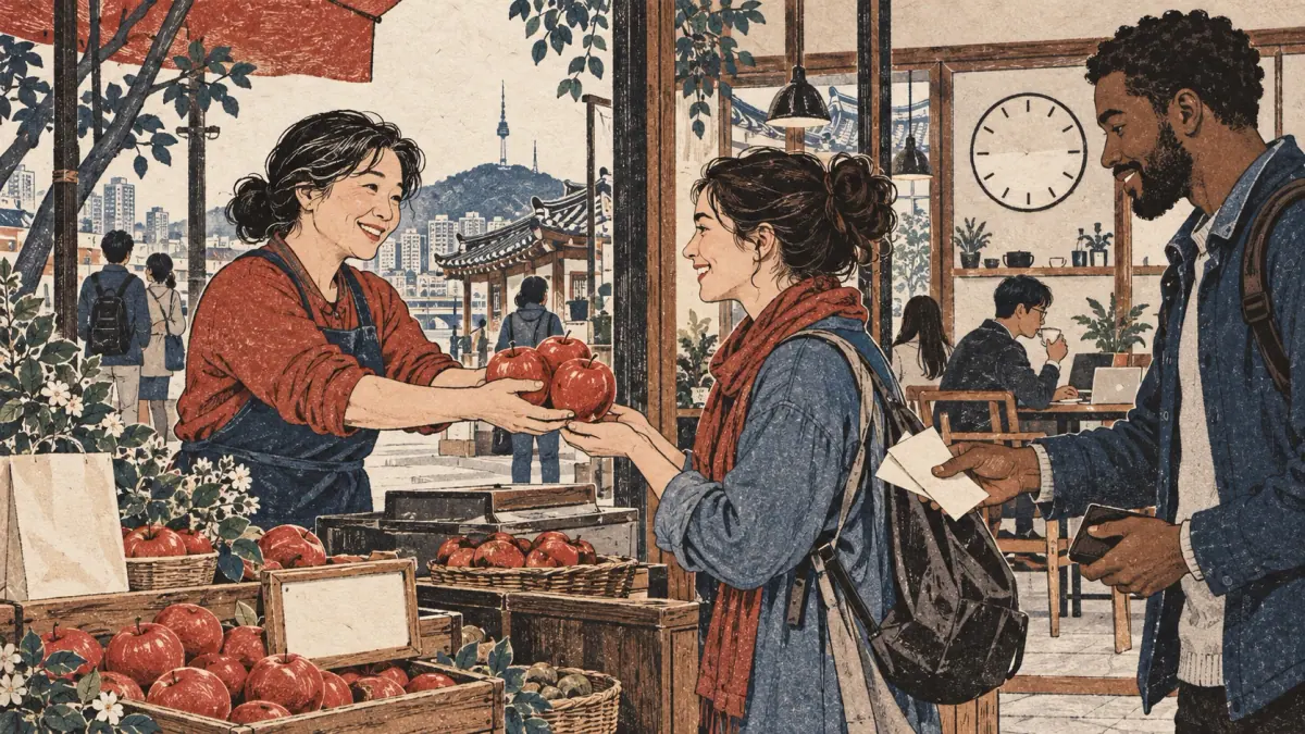 A Korean vendor gives apples to an adult learner at a Seoul café market.