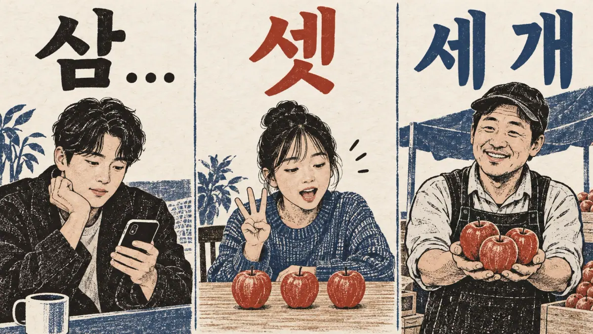 Three forms of three: 삼, 셋 and 세 개 beside reading, counting and grouped apples.