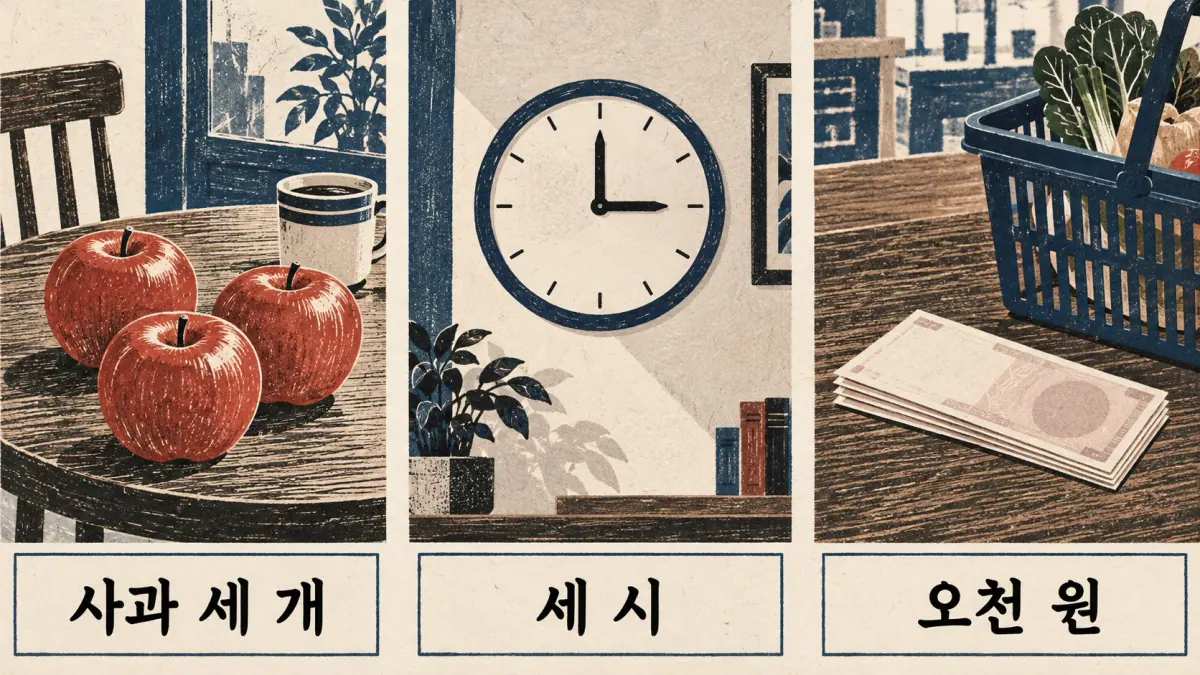 Three apples, a clock and money labelled 사과 세 개, 세 시 and 오천 원.