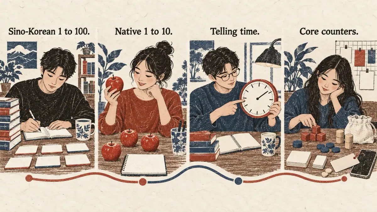 Four illustrated stages: Sino-Korean, native numbers, telling time and core counters.