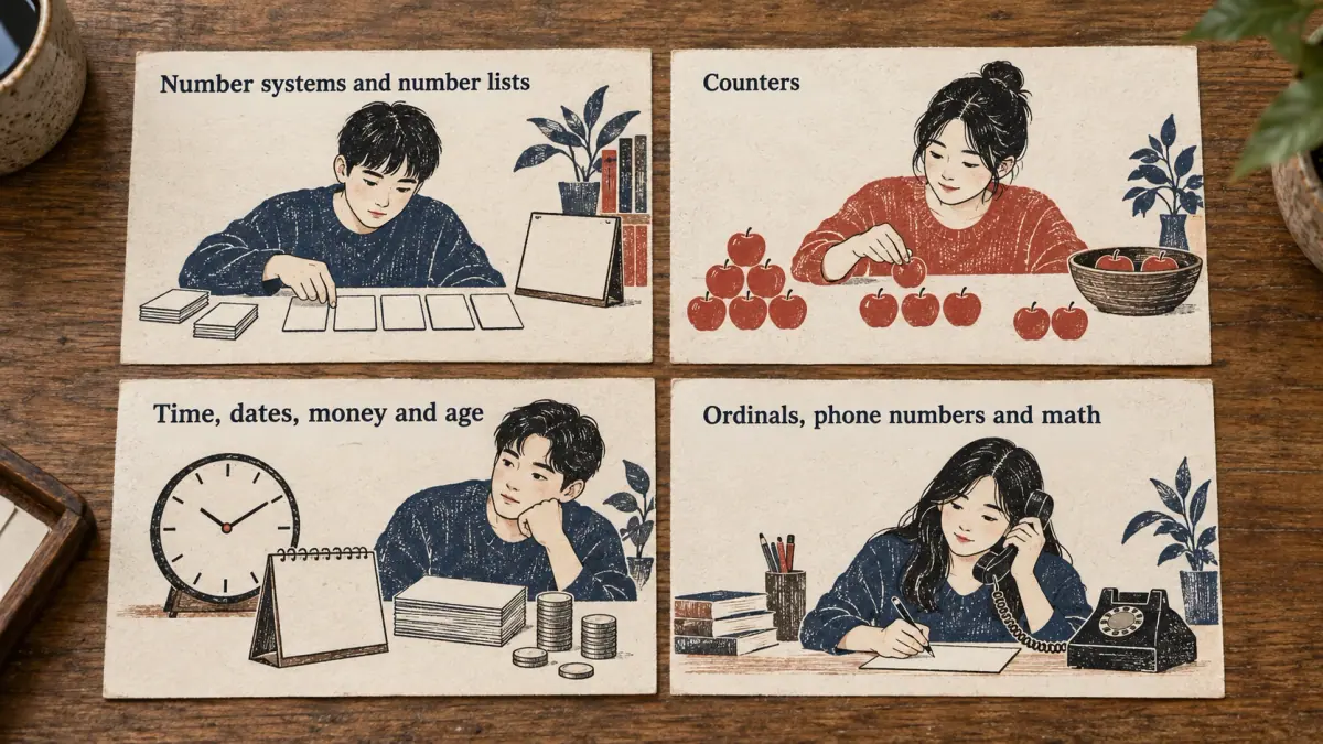 Four illustrated cards organize number systems, counters, everyday uses and phone numbers.