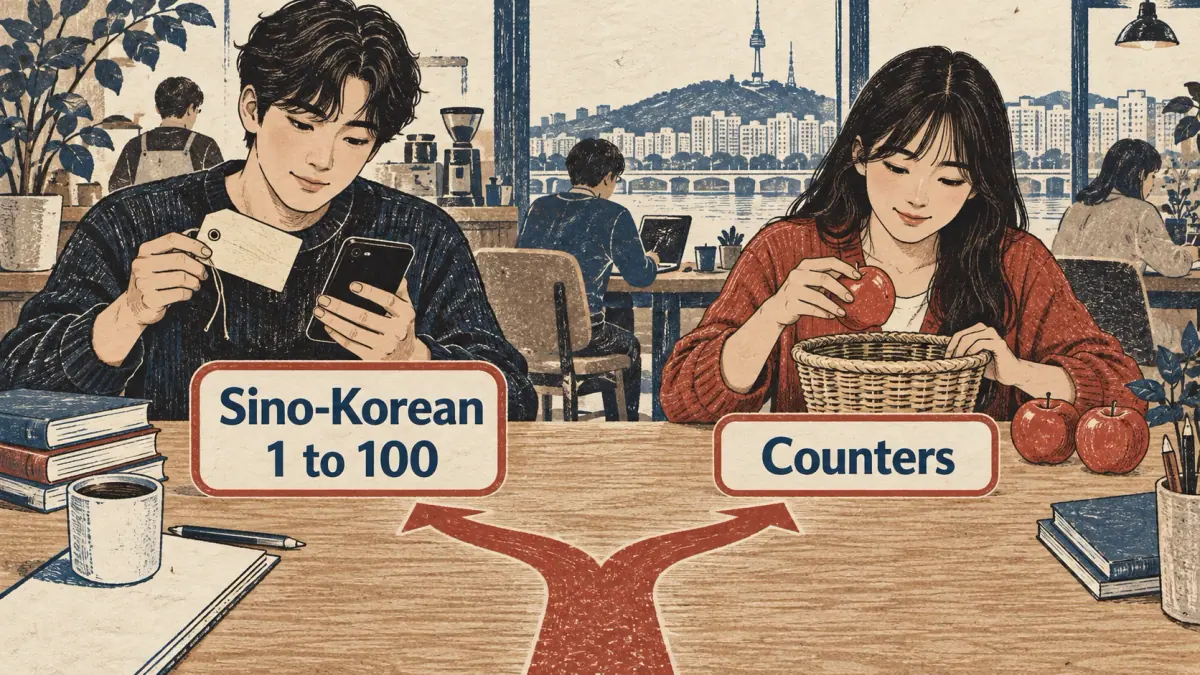 Two study routes show Sino-Korean 1 to 100 and counters with a price tag and apples.