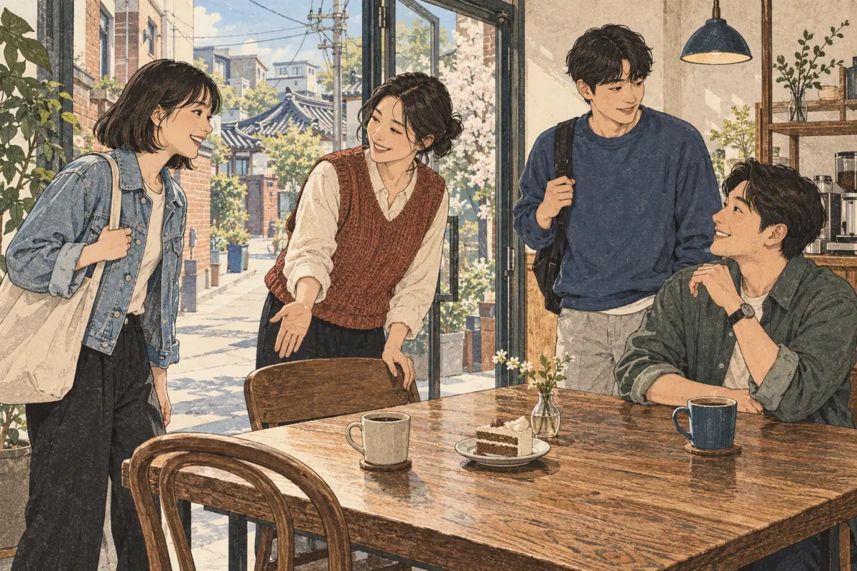 Four younger and older adult friends greet each other at a Seoul café.