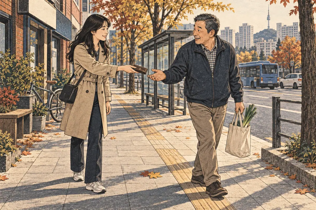 A young adult returns a dropped wallet to a middle-aged man on a Seoul sidewalk.