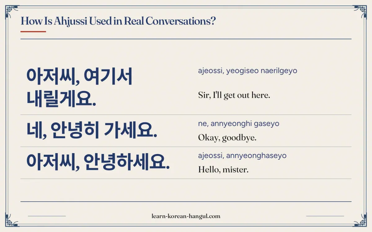 아저씨, 여기서 내릴게요. · ajeossi, yeogiseo naerilgeyo · Sir, I'll get out here. · How is ahjussi used in real conversations?