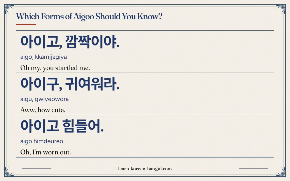 아이고, 깜짝이야. · aigo, kkamjjagiya · Oh my, you startled me. · Which forms of aigoo should you know?