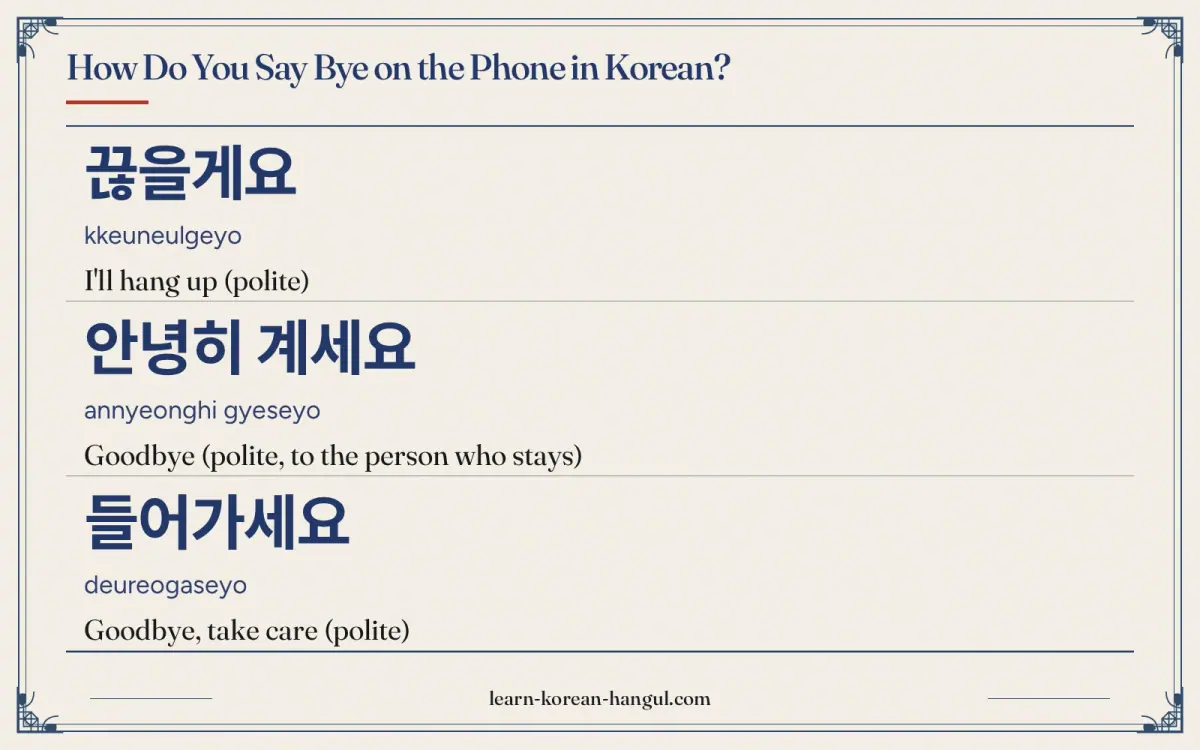 끊을게요 · kkeuneulgeyo · I'll hang up (polite) · How do you say bye on the phone in Korean?