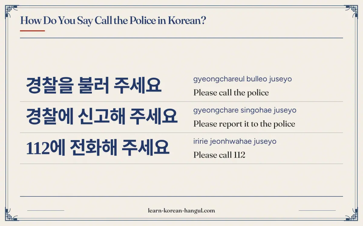 경찰을 불러 주세요 · gyeongchareul bulleo juseyo · Please call the police · How do you say call the police in Korean?