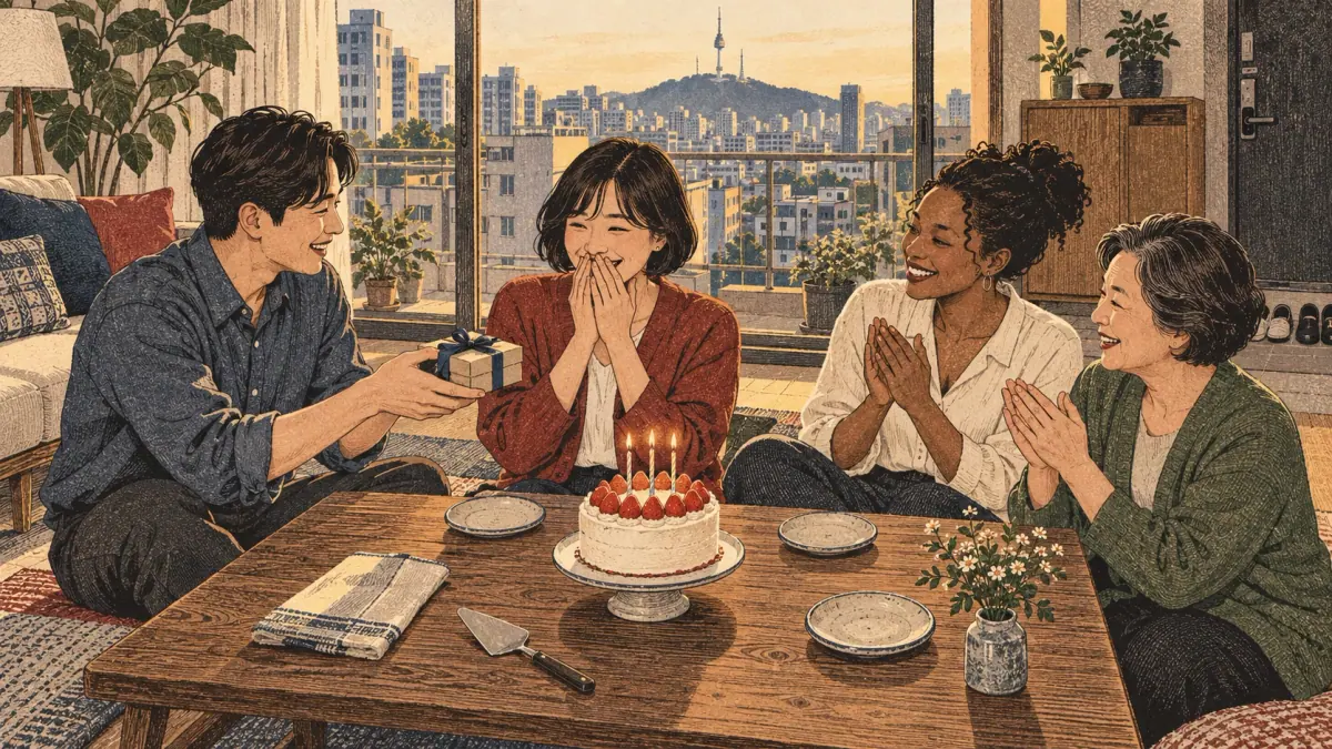 Friends celebrate a birthday with a cake and a gift in a Seoul apartment.