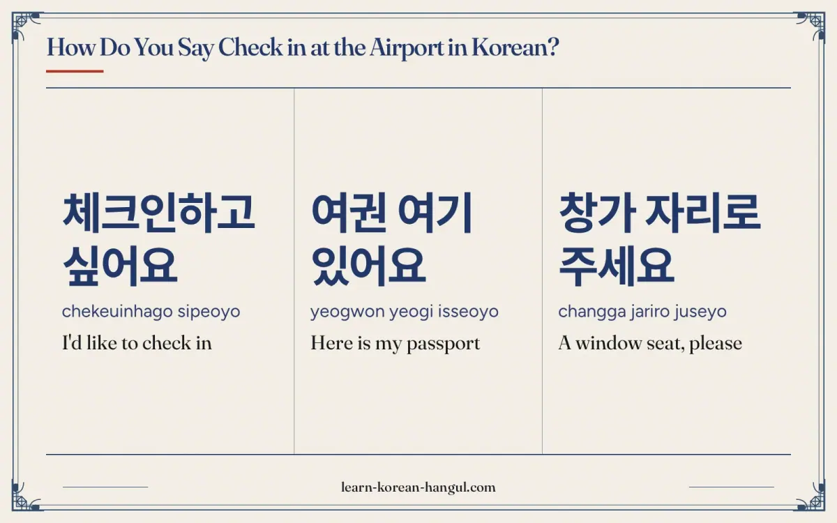 체크인하고 싶어요 · chekeuinhago sipeoyo · I'd like to check in · How do you say check in at the airport in Korean?