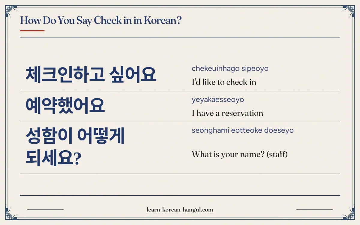 체크인하고 싶어요 · chekeuinhago sipeoyo · I'd like to check in · How do you say check in in Korean?