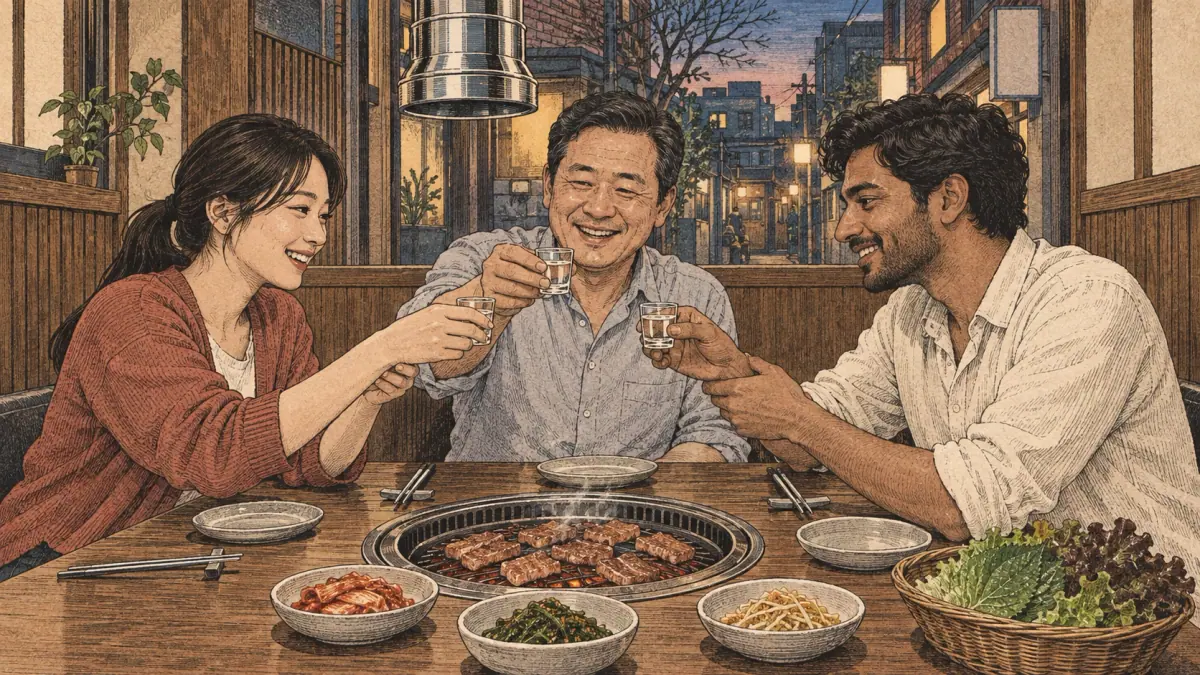 Three adults raise glasses together over a Korean restaurant table.