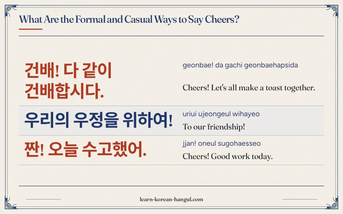 건배! 다 같이 건배합시다. · geonbae! da gachi geonbaehapsida · Cheers! Let's all make a toast together. · What are the formal and casual ways to say cheers?