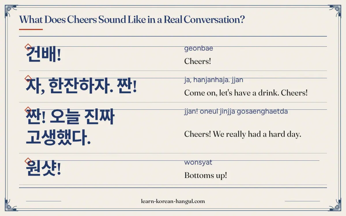건배! · geonbae · Cheers! · What does cheers sound like in a real conversation?
