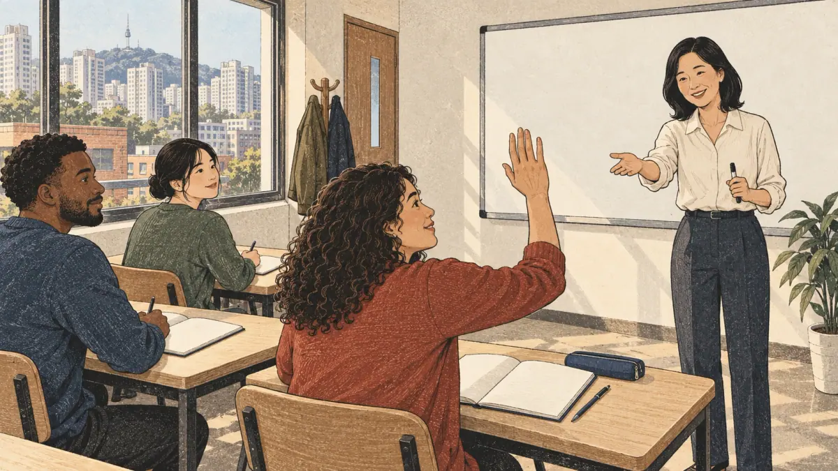 An adult learner raises a hand to ask a Korean teacher a question in a Seoul classroom.