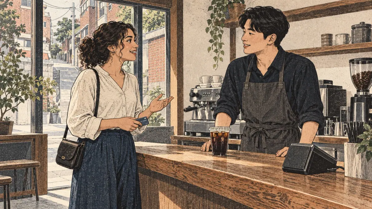 A learner orders an iced Americano from a barista at a Seoul cafe counter.