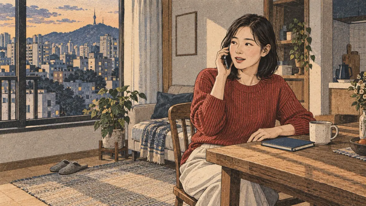 A woman answers a smartphone call beside the window of her Seoul apartment.