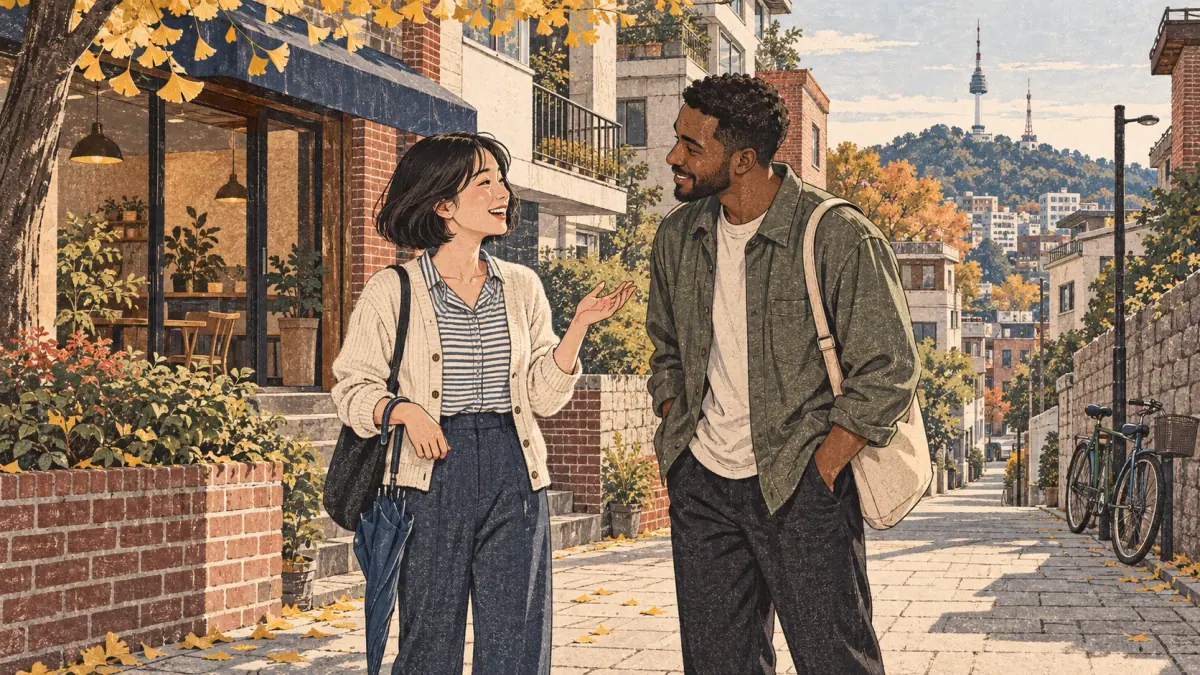 Two friends pause for a friendly conversation on a Seoul neighbourhood street.