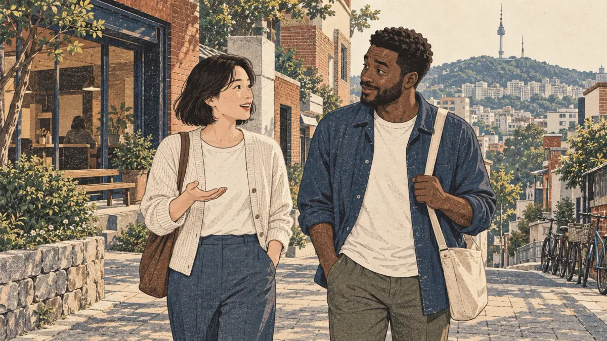 Two friends exchange short questions and replies on a Seoul neighborhood walk.