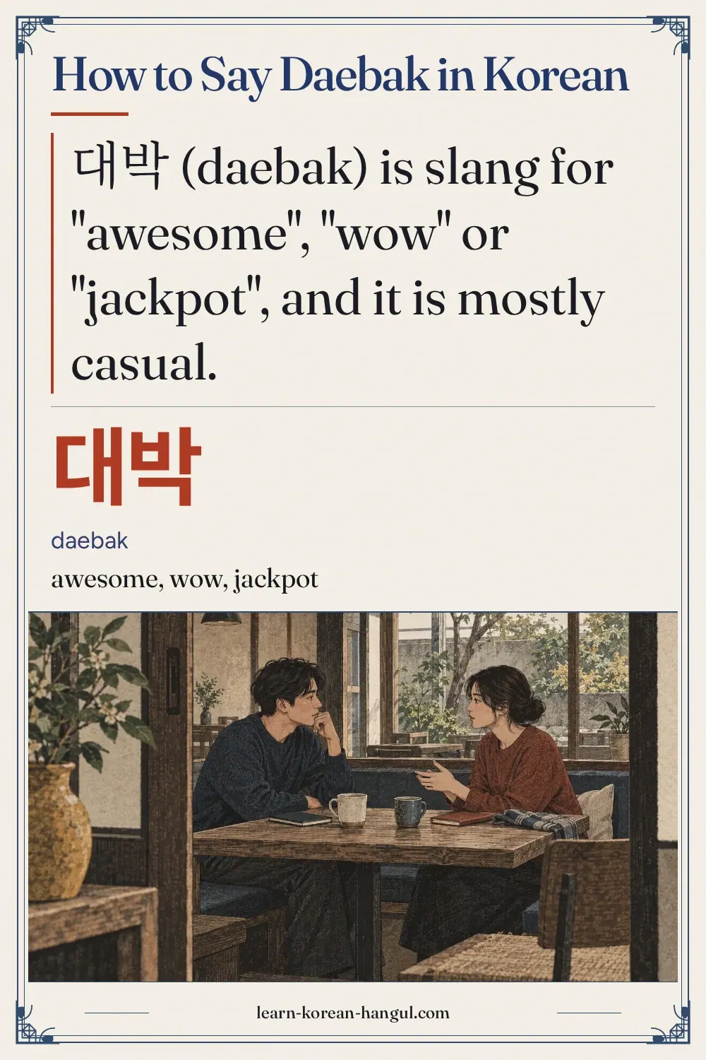 대박 · daebak · awesome, wow, jackpot · How to Say Daebak in Korean