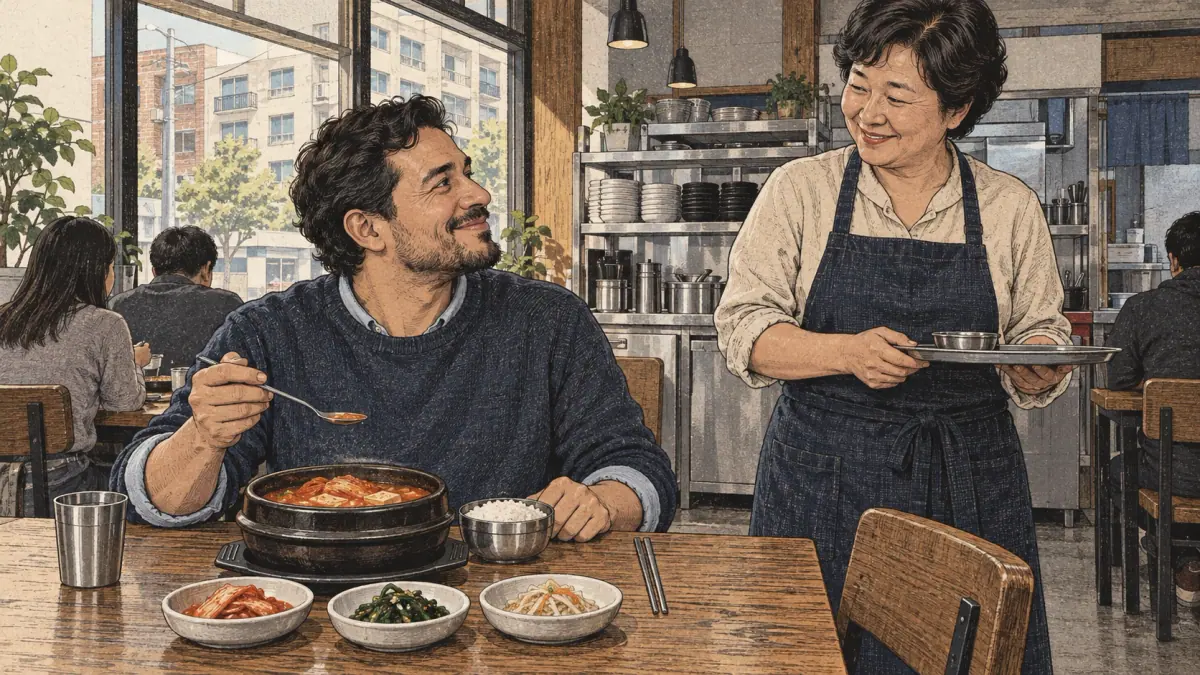 A smiling diner compliments kimchi stew to the owner of a Korean restaurant.