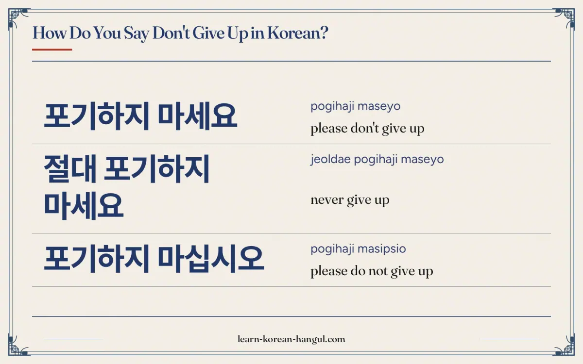 포기하지 마세요 · pogihaji maseyo · please don't give up · How do you say don't give up in Korean?