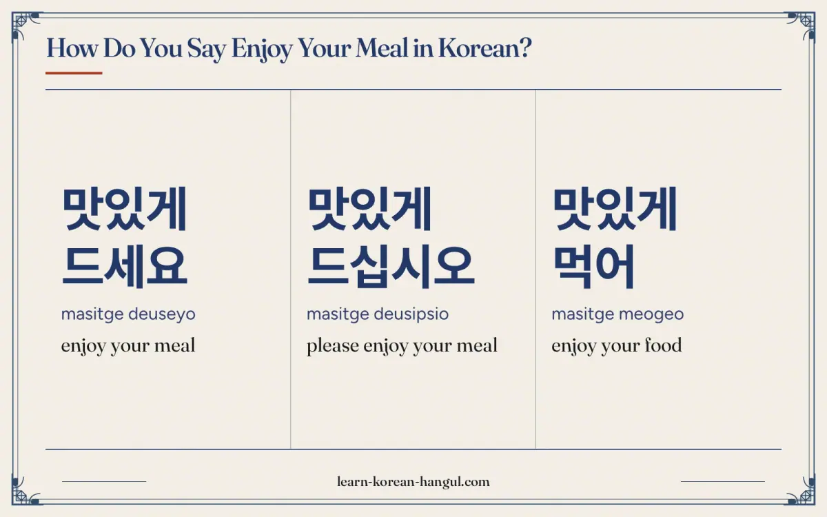 맛있게 드세요 · masitge deuseyo · enjoy your meal · How do you say enjoy your meal in Korean?