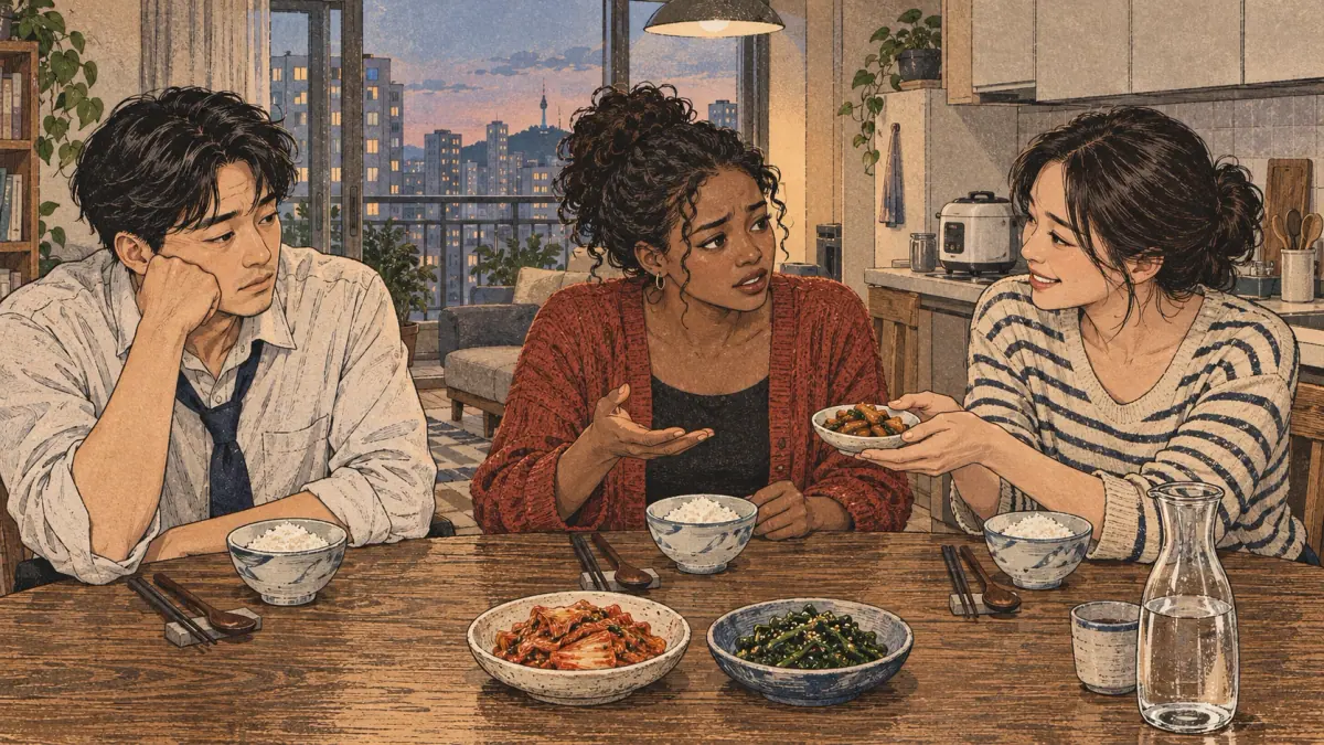 Three friends in a Seoul apartment share tired, worried and happy feelings over a simple meal.